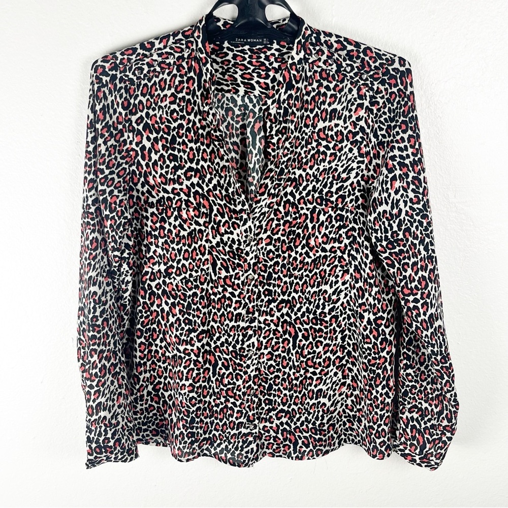 Zara Woman Animal Print Spike Button Long Tab Sleeves Button Top Size Large Boho